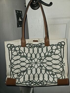 Authentic Tory Burch Cream Rope-Print Tote Bag with Brown Faux Leather Handles